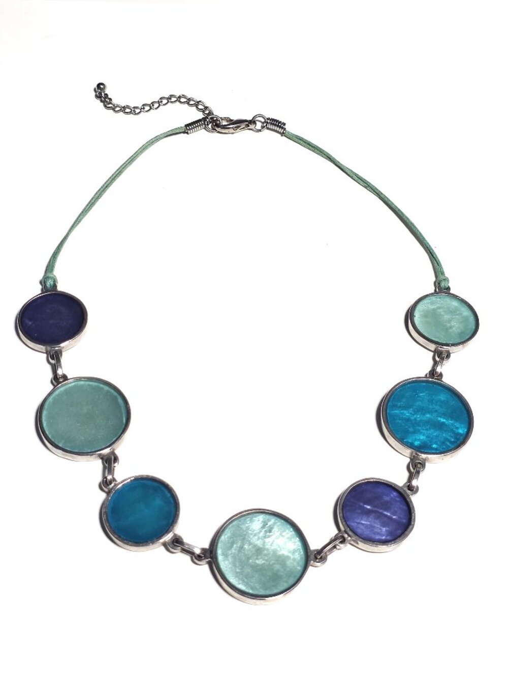 Blue, green, teal shell disk necklace